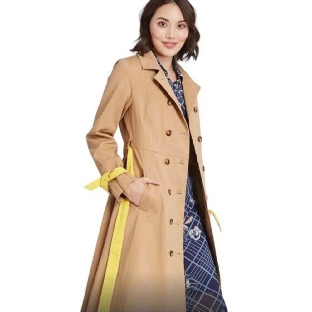 ModCloth Colorblock Contrast Double Breasted Pleated Tan Yellow Trench Coat M - Picture 2 of 16